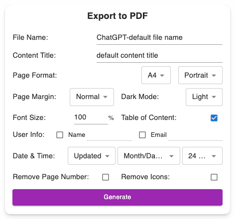AI Chat Exporter feature: customizable download file settings